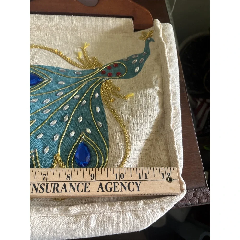 Vintage Cream Linen Handbag Jeweled Peacock with Brown Wooden Handles